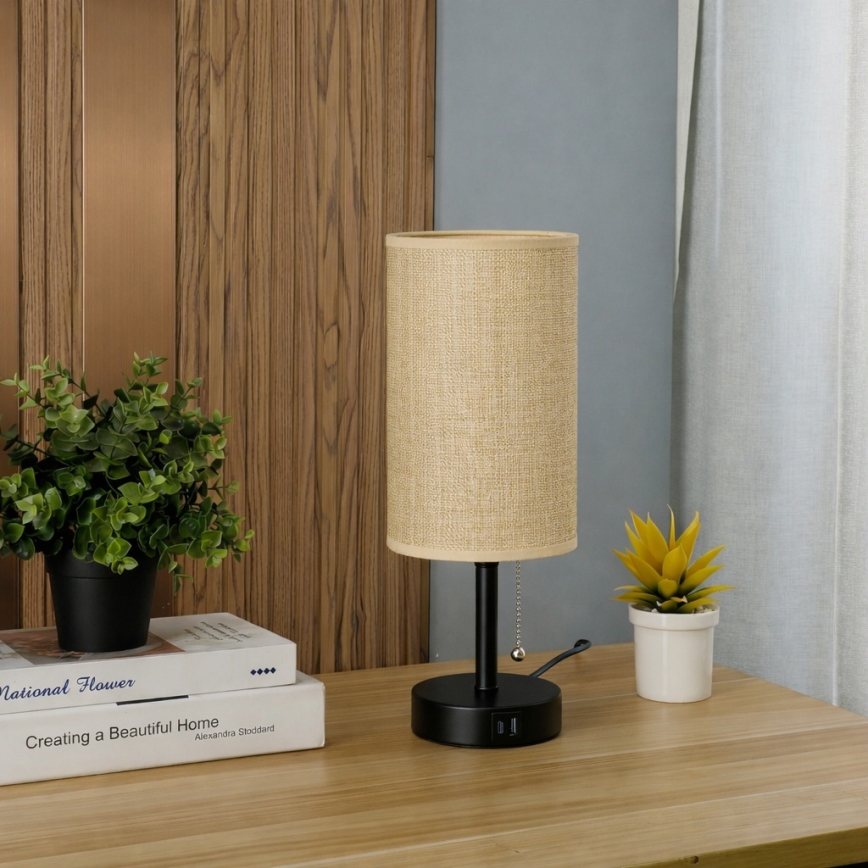 Brilagi - Laualamp USB-pordiga TABLON 1xE27/25W/230V must/beež