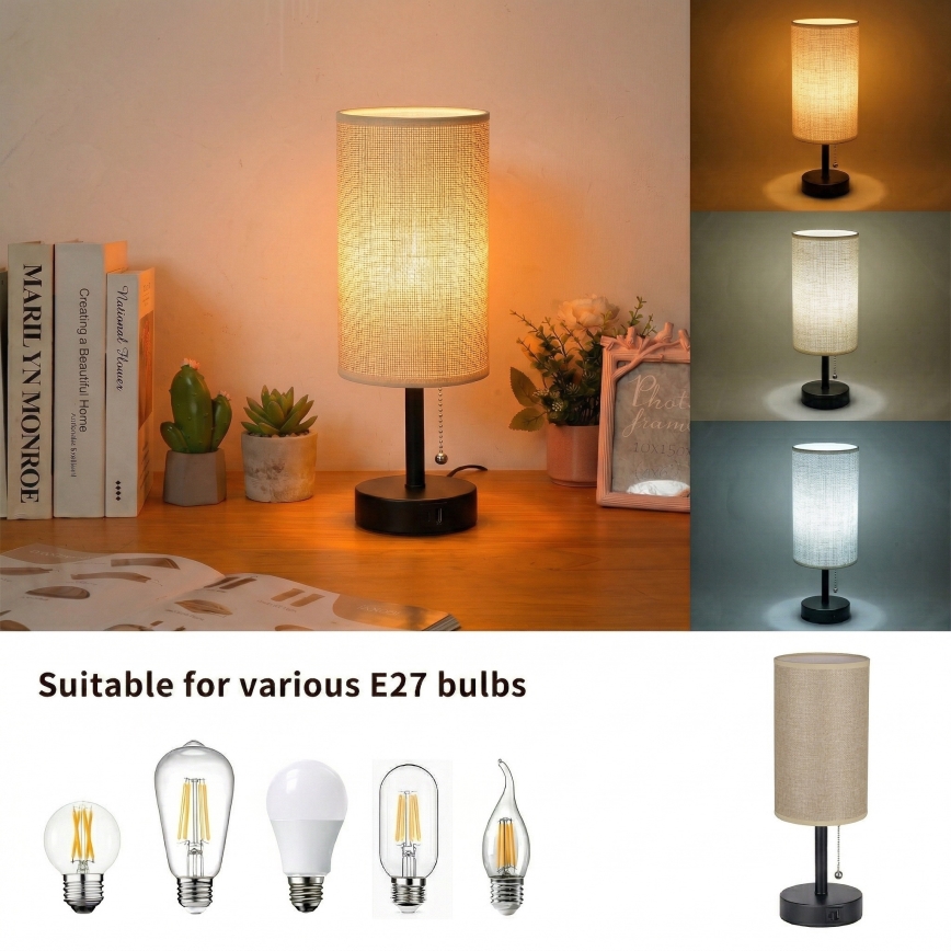 Brilagi - Laualamp USB-pordiga TABLON 1xE27/25W/230V must/beež