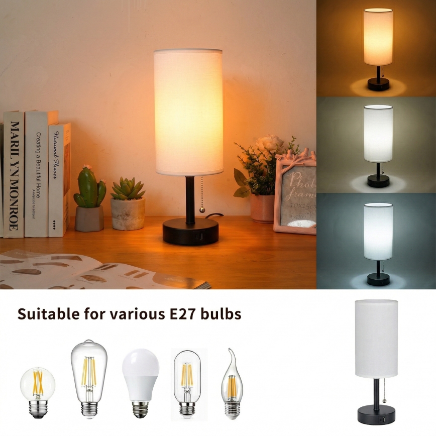 Brilagi - Laualamp USB-pordiga TABLON 1xE27/25W/230V must/valge