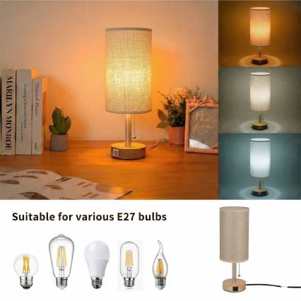 Brilagi - laualamp USB-pordiga TABLON 1xE27/25W/230V tamm/beež
