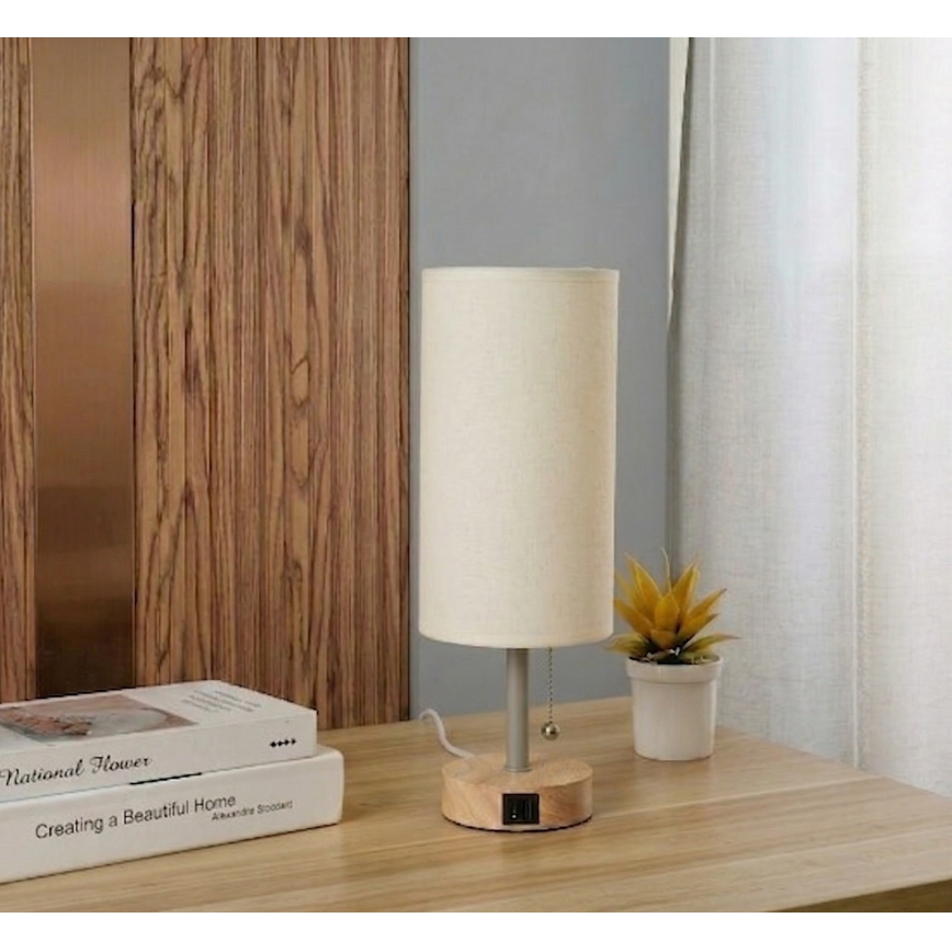 Brilagi - Laualamp USB-pordiga TABLON 1xE27/25W/230V tamm/beež/kreem