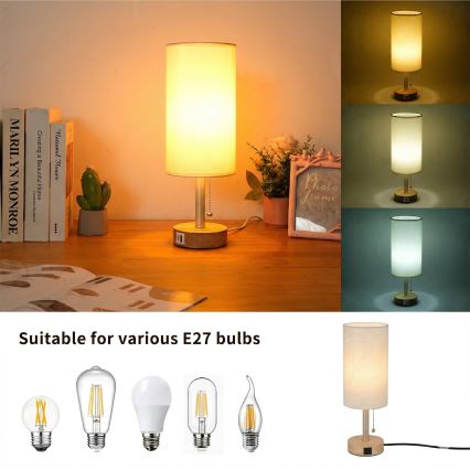 Brilagi - Laualamp USB-pordiga TABLON 1xE27/25W/230V tamm/beež/kreem