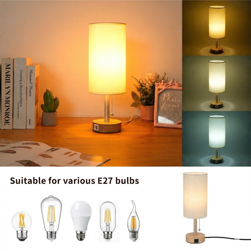 Brilagi - Laualamp USB-pordiga TABLON 1xE27/25W/230V tamm/beež/kreem