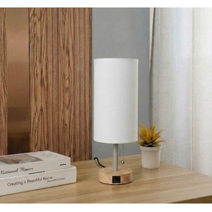 Brilagi - Laualamp USB-pordiga TABLON 1xE27/25W/230V tamm/beež/valge