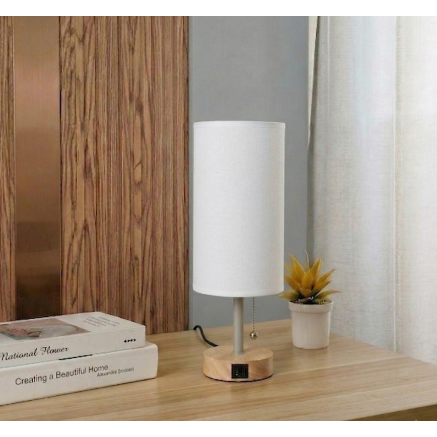 Brilagi - Laualamp USB-pordiga TABLON 1xE27/25W/230V tamm/beež/valge