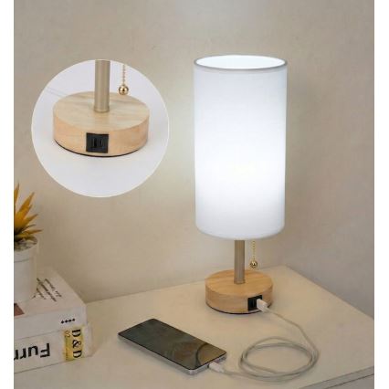 Brilagi - Laualamp USB-pordiga TABLON 1xE27/25W/230V tamm/beež/valge