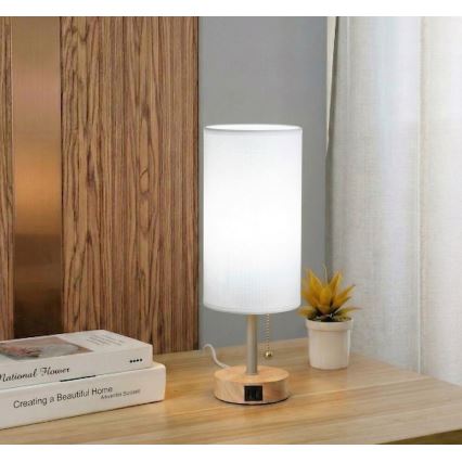 Brilagi - Laualamp USB-pordiga TABLON 1xE27/25W/230V tamm/beež/valge