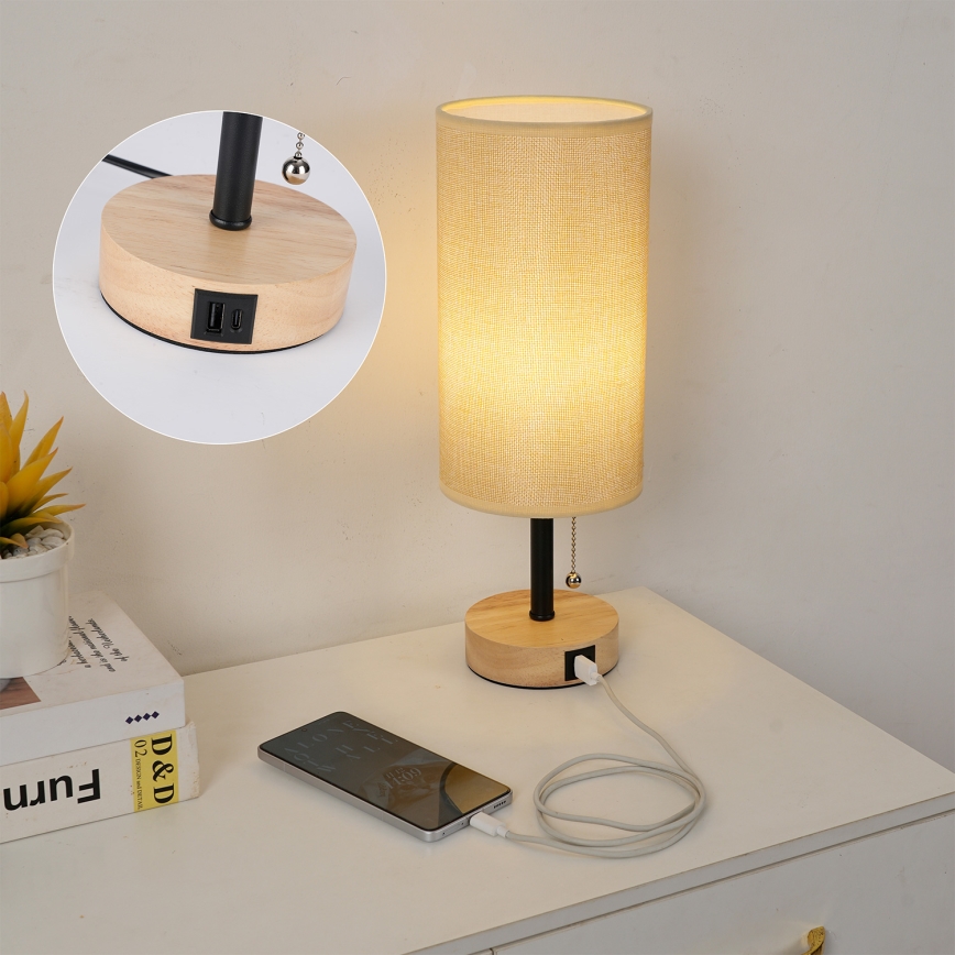 Brilagi - Laualamp USB-pordiga TABLON 1xE27/25W/230V tamm/must/beež