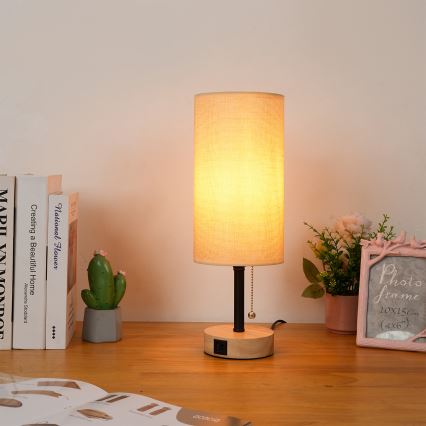 Brilagi - Laualamp USB-pordiga TABLON 1xE27/25W/230V tamm/must/beež