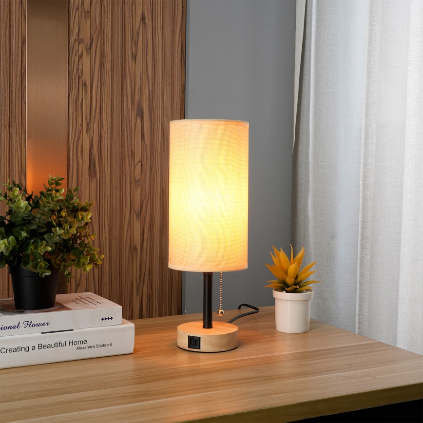 Brilagi - Laualamp USB-pordiga TABLON 1xE27/25W/230V tamm/must/beež