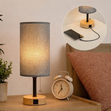 Brilagi - Laualamp USB-pordiga TABLON 1xE27/25W/230V tamm/must/hall