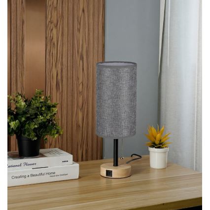 Brilagi - Laualamp USB-pordiga TABLON 1xE27/25W/230V tamm/must/hall