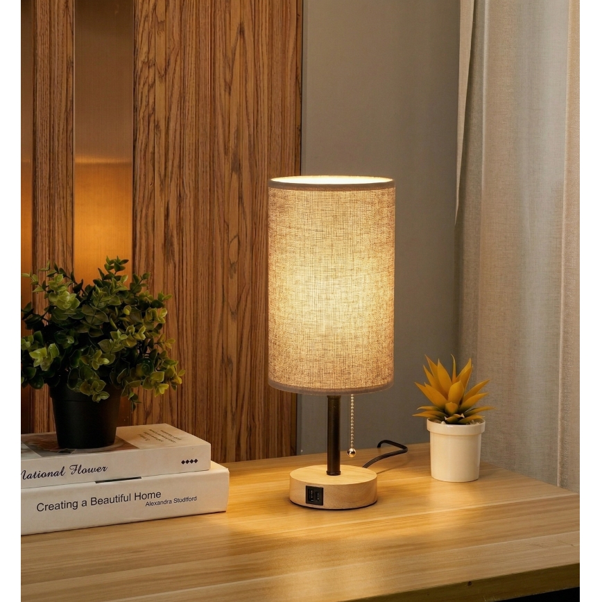 Brilagi - Laualamp USB-pordiga TABLON 1xE27/25W/230V tamm/must/hall