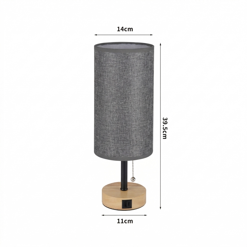 Brilagi - Laualamp USB-pordiga TABLON 1xE27/25W/230V tamm/must/hall