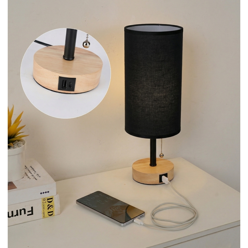 Brilagi - Laualamp USB-pordiga TABLON 1xE27/25W/230V tamm/must