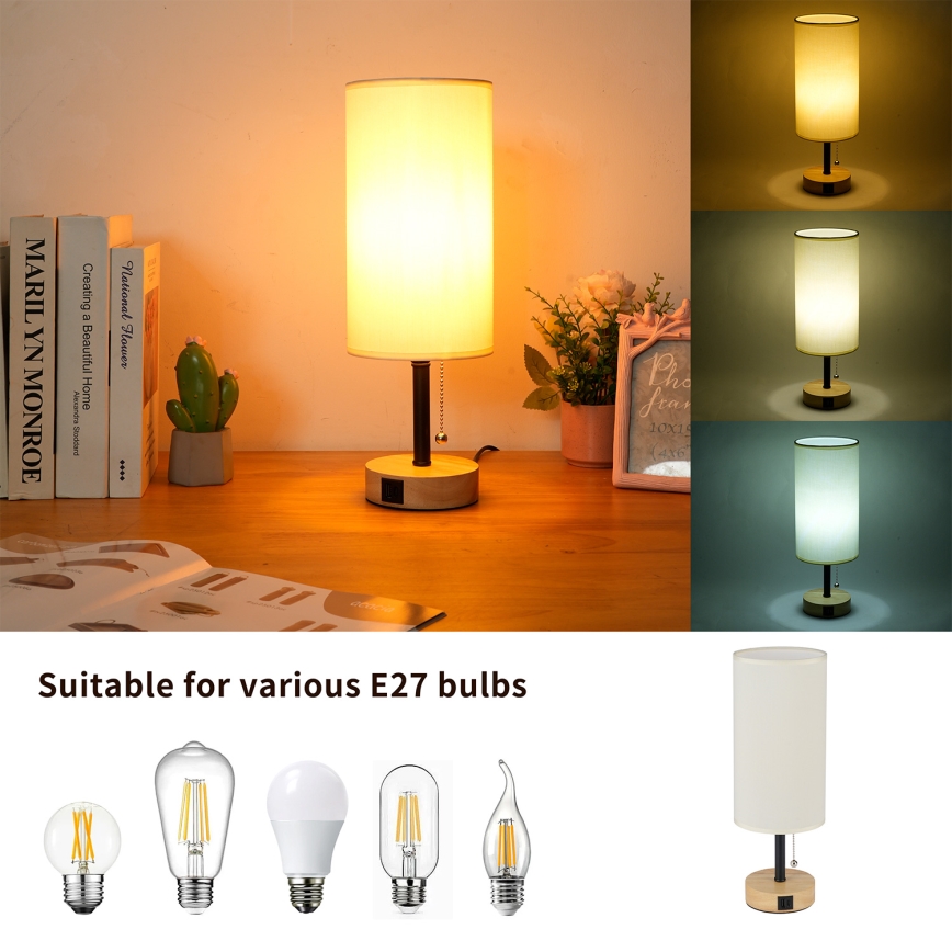 Brilagi - Laualamp USB-pordiga TABLON 1xE27/25W/230V tamm/must/kreem