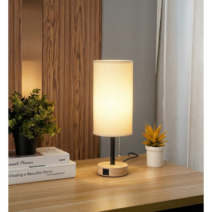 Brilagi - Laualamp USB-pordiga TABLON 1xE27/25W/230V tamm/must/valge