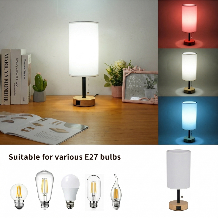 Brilagi - Laualamp USB-pordiga TABLON 1xE27/25W/230V tamm/must/valge