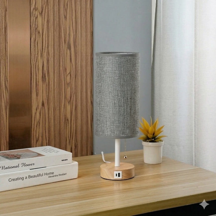 Brilagi - laualamp USB-pordiga TABLON 1xE27/25W/230V tamm/valge/hall