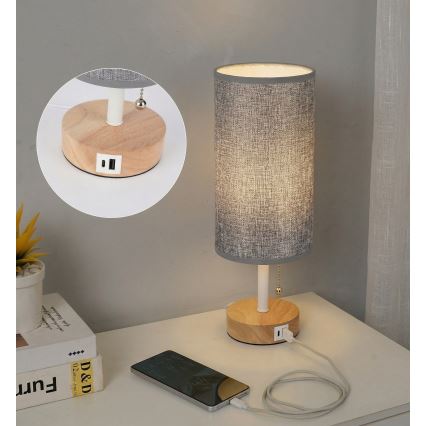 Brilagi - laualamp USB-pordiga TABLON 1xE27/25W/230V tamm/valge/hall