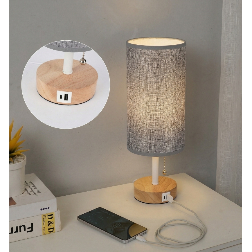 Brilagi - laualamp USB-pordiga TABLON 1xE27/25W/230V tamm/valge/hall