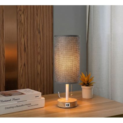 Brilagi - laualamp USB-pordiga TABLON 1xE27/25W/230V tamm/valge/hall