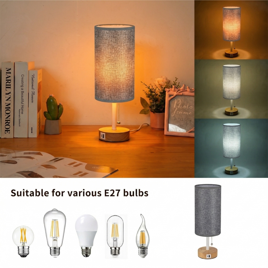 Brilagi - laualamp USB-pordiga TABLON 1xE27/25W/230V tamm/valge/hall