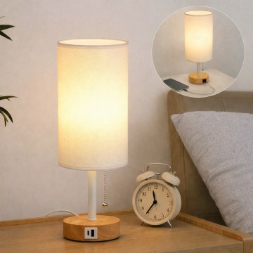 Brilagi - Laualamp USB-pordiga TABLON 1xE27/25W/230V tamm/valge