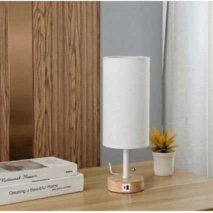 Brilagi - Laualamp USB-pordiga TABLON 1xE27/25W/230V tamm/valge