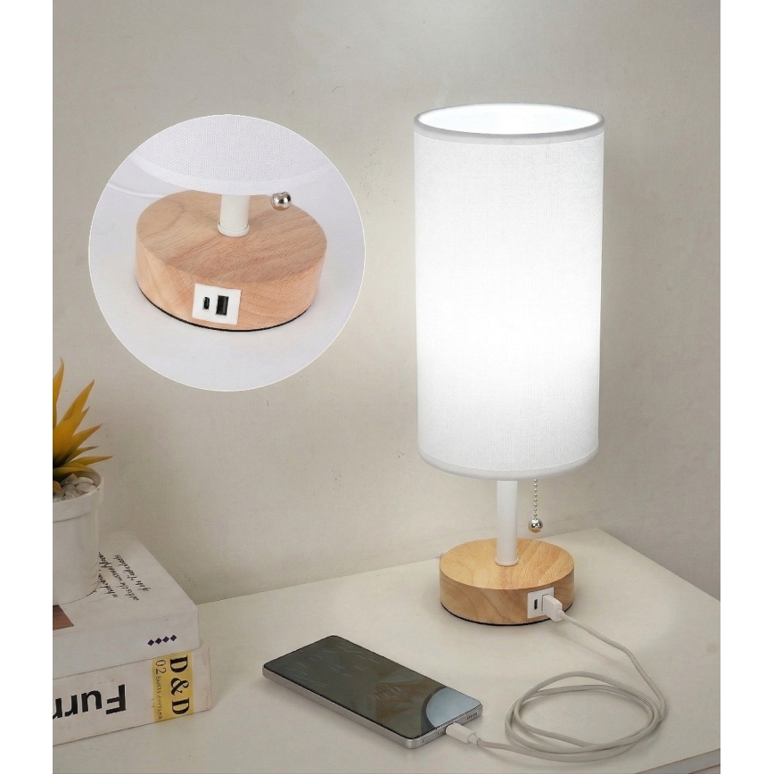 Brilagi - Laualamp USB-pordiga TABLON 1xE27/25W/230V tamm/valge