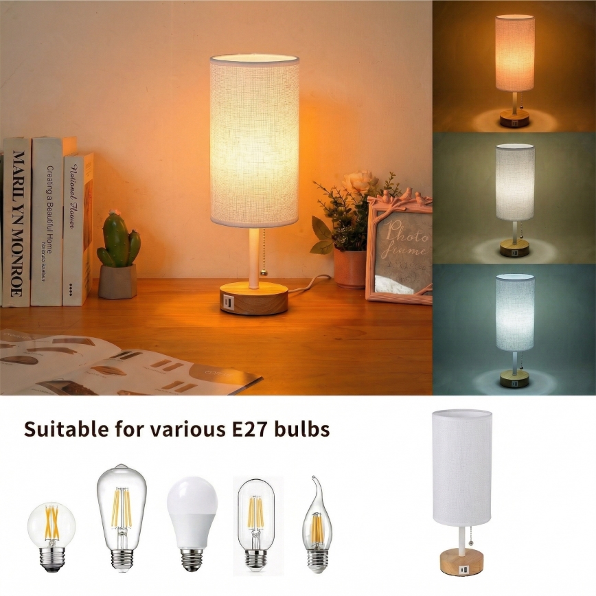 Brilagi - Laualamp USB-pordiga TABLON 1xE27/25W/230V tamm/valge