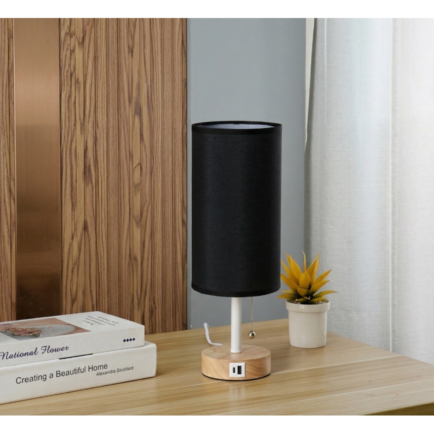 Brilagi - Laualamp USB-pordiga TABLON 1xE27/25W/230V tamm/valge/must