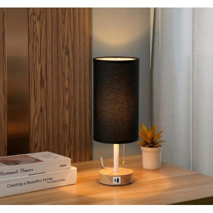 Brilagi - Laualamp USB-pordiga TABLON 1xE27/25W/230V tamm/valge/must