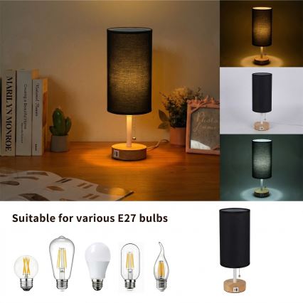 Brilagi - Laualamp USB-pordiga TABLON 1xE27/25W/230V tamm/valge/must