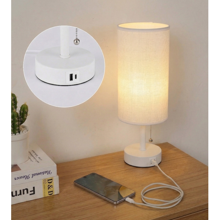 Brilagi - Laualamp USB-pordiga TABLON 1xE27/25W/230V valge