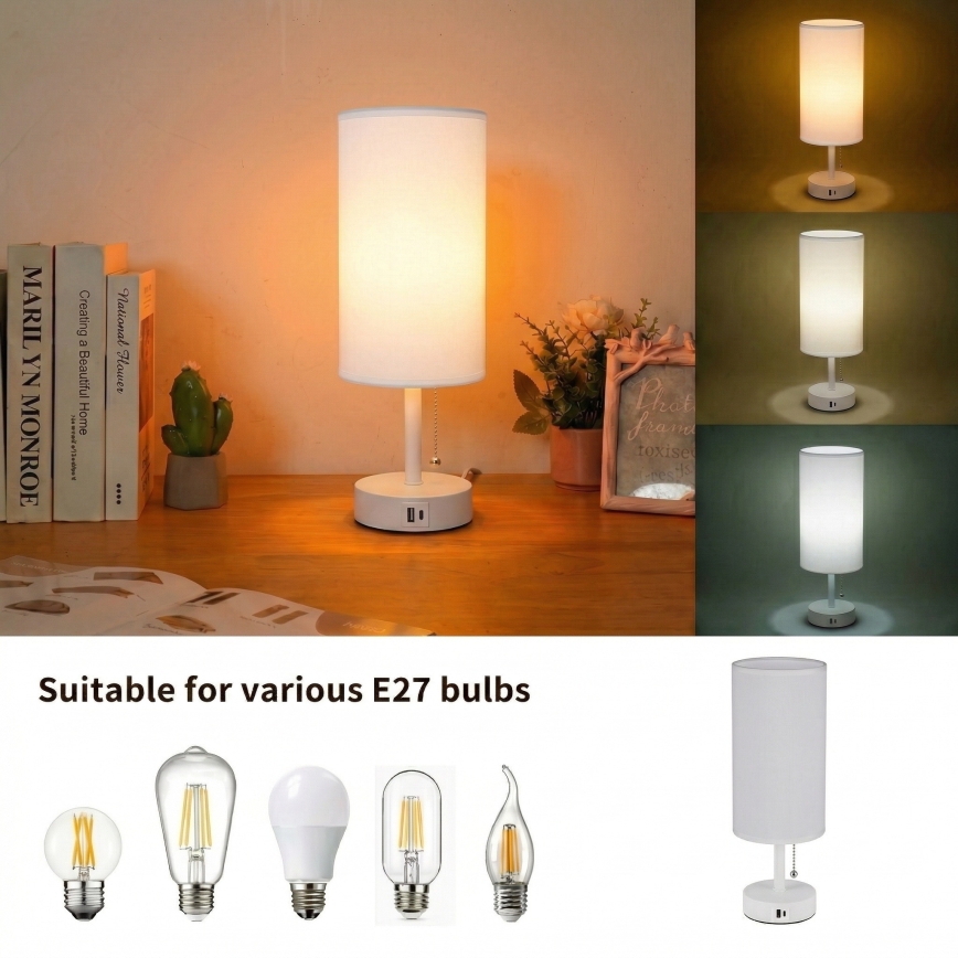 Brilagi - Laualamp USB-pordiga TABLON 1xE27/25W/230V valge