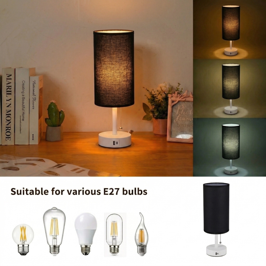 Brilagi - Laualamp USB-pordiga TABLON 1xE27/25W/230V valge/must