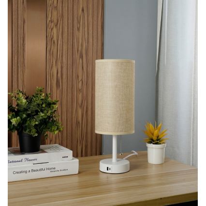 Brilagi - Laualamp USB-portiga TABLON 1xE27/25W/230V valge/beež