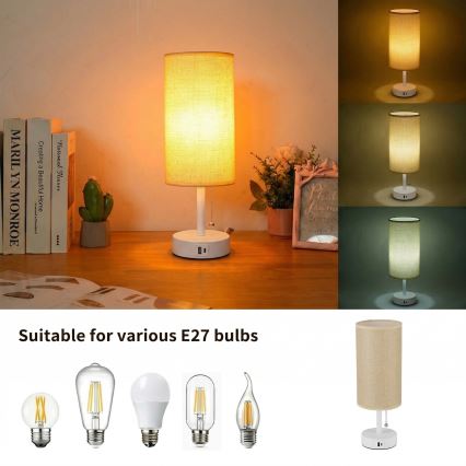 Brilagi - Laualamp USB-portiga TABLON 1xE27/25W/230V valge/beež