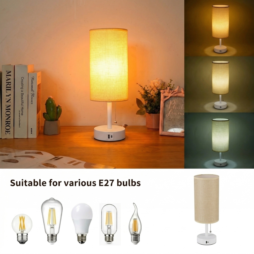 Brilagi - Laualamp USB-portiga TABLON 1xE27/25W/230V valge/beež