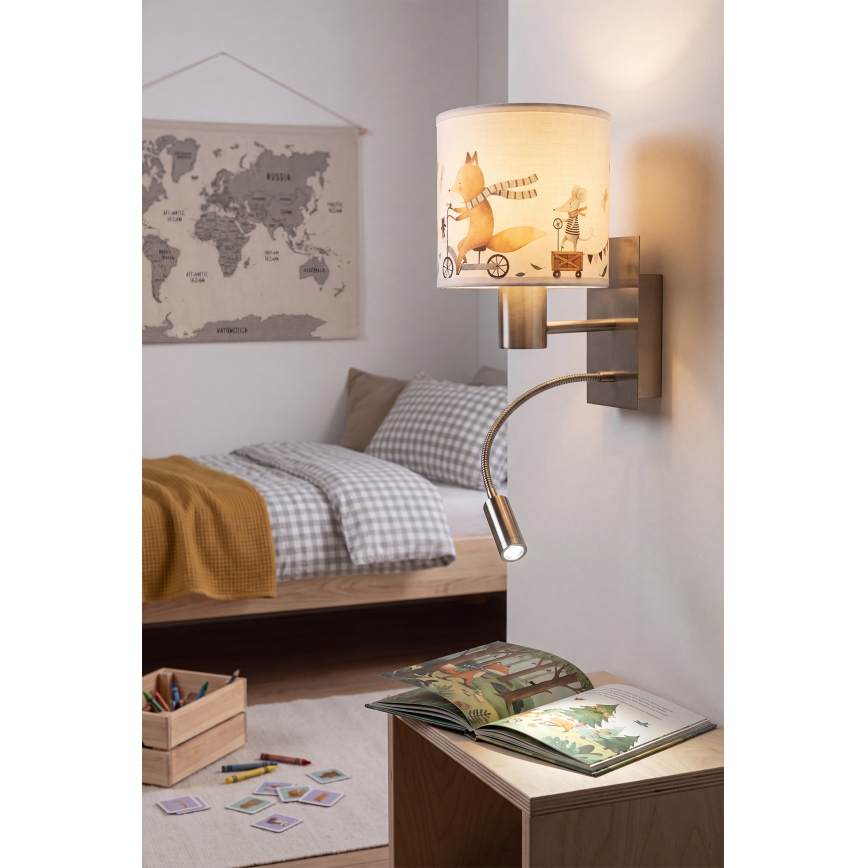 BRILAGI - LED-lastele mõeldud painduv seinavalgusti BOBO 1xE27/25W/230V + LED/3W mati kroom/valge/loomamotiividega
