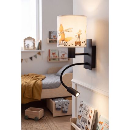 BRILAGI - LED laste painduv seinavalgusti BOBO 1xE27/25W/230V + LED/3W must/valge/loomakujutised