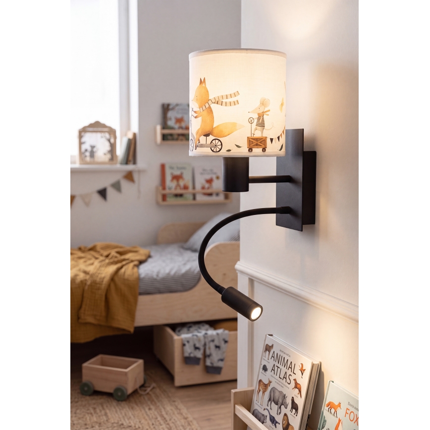 BRILAGI - LED laste painduv seinavalgusti BOBO 1xE27/25W/230V + LED/3W must/valge/loomakujutised