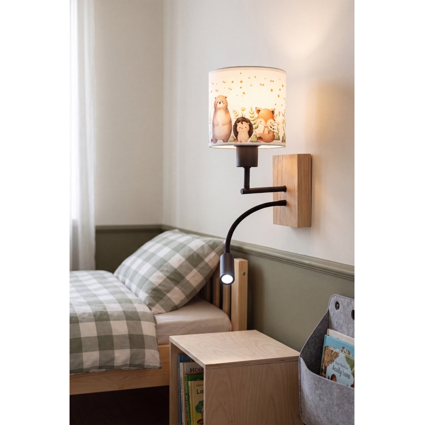 BRILAGI - LED laste painduv seinalamp BOBO WOOD 1xE27/25W/230V + LED/3W tamm/must/valge/loomakujutised