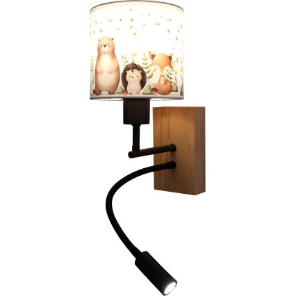 BRILAGI - LED laste painduv seinalamp BOBO WOOD 1xE27/25W/230V + LED/3W tamm/must/valge/loomakujutised