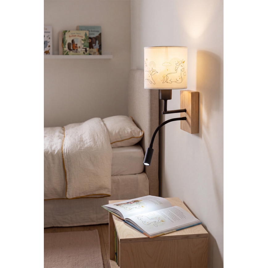 BRILAGI - LED laste painduv seinavalgusti BOBO WOOD 1xE27/25W/230V + LED/3W tamm/must/valge/ükssarvikud
