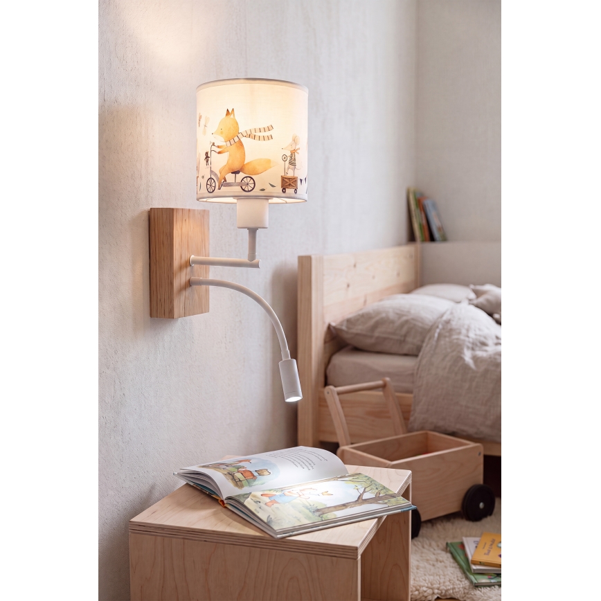 BRILAGI - LED lastetoa painduv seinavalgusti BOBO WOOD 1xE27/25W/230V + LED/3W tamm/valge/loomamotiivid