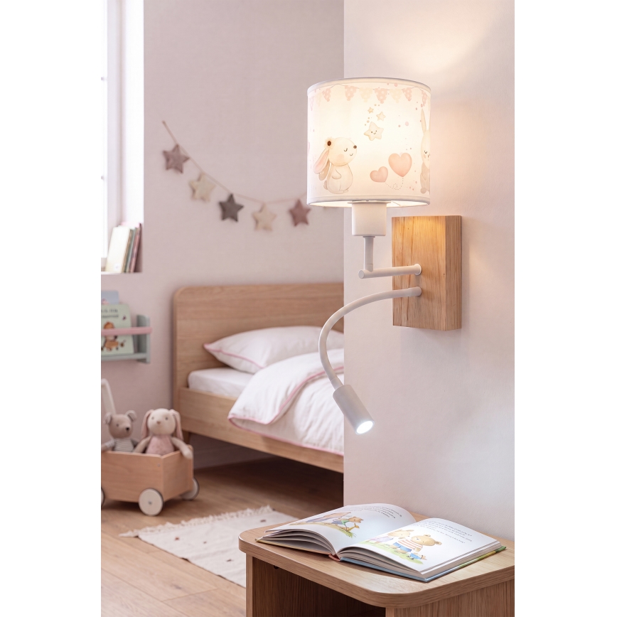 BRILAGI - LED lastetoa painduv seinavalgusti BOBO WOOD 1xE27/25W/230V + LED/3W tamm/valge/kreemjas/jänesed