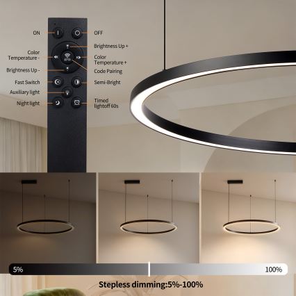 Brilagi - hämardatav LED-rippvalgusti kaabliga PORTOFINO LED/60W/230V 3000-6000K läbimõõt 80 cm must + kaugjuhtimispult