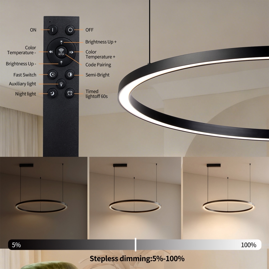 Brilagi - hämardatav LED-rippvalgusti kaabliga PORTOFINO LED/60W/230V 3000-6000K läbimõõt 80 cm must + kaugjuhtimispult